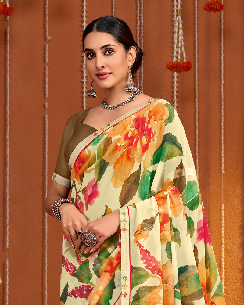 Vishal Prints Light Peach Digital Print Georgette Saree With Fancy Border