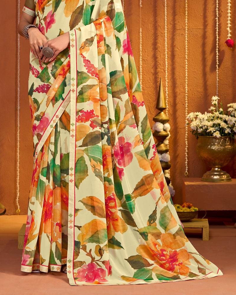Vishal Prints Light Peach Digital Print Georgette Saree With Fancy Border
