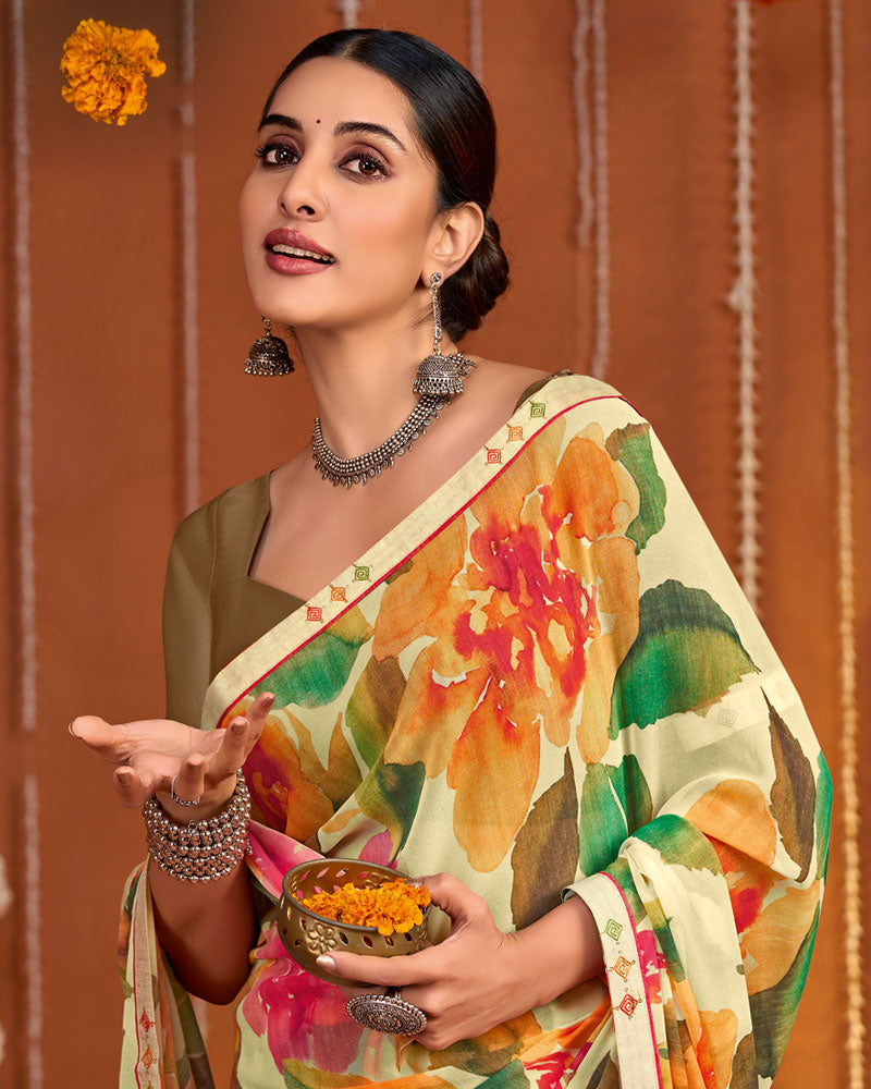 Vishal Prints Light Peach Digital Print Georgette Saree With Fancy Border