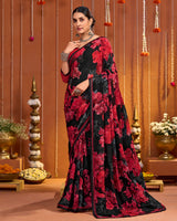 Vishal Prints Midnight Black And Red Digital Print Georgette Saree With Fancy Border