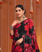 Vishal Prints Midnight Black And Red Digital Print Georgette Saree With Fancy Border