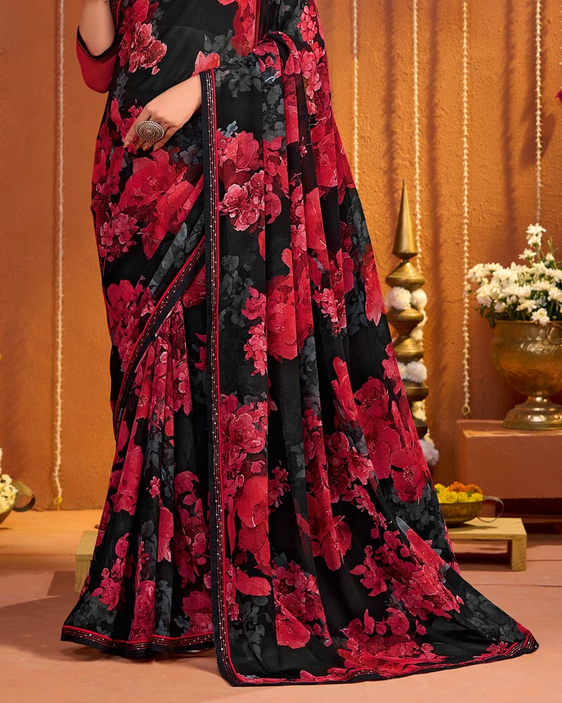 Vishal Prints Midnight Black And Red Digital Print Georgette Saree With Fancy Border