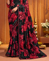 Vishal Prints Midnight Black And Red Digital Print Georgette Saree With Fancy Border