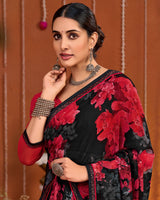 Vishal Prints Midnight Black And Red Digital Print Georgette Saree With Fancy Border