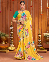 Vishal Prints Sunglow Yellow Digital Print Georgette Saree With Fancy Border