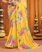 Vishal Prints Sunglow Yellow Digital Print Georgette Saree With Fancy Border