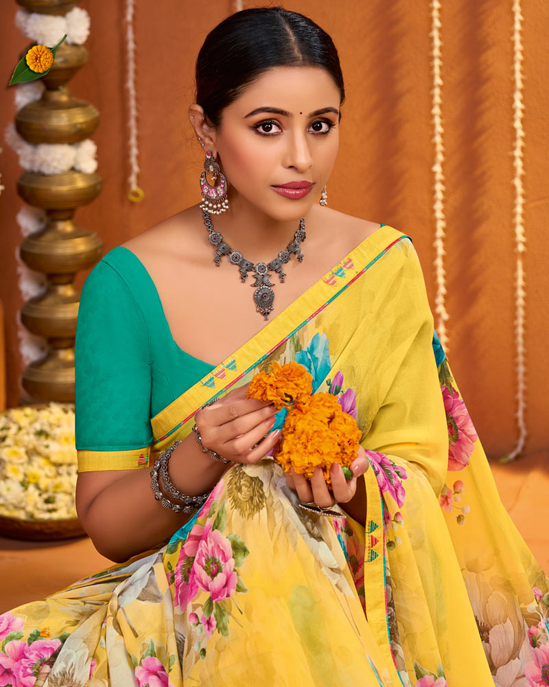 Vishal Prints Sunglow Yellow Digital Print Georgette Saree With Fancy Border
