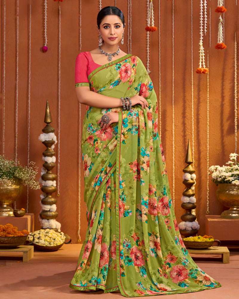 Vishal Prints Olive Green Digital Print Georgette Saree With Fancy Border