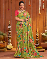 Vishal Prints Olive Green Digital Print Georgette Saree With Fancy Border