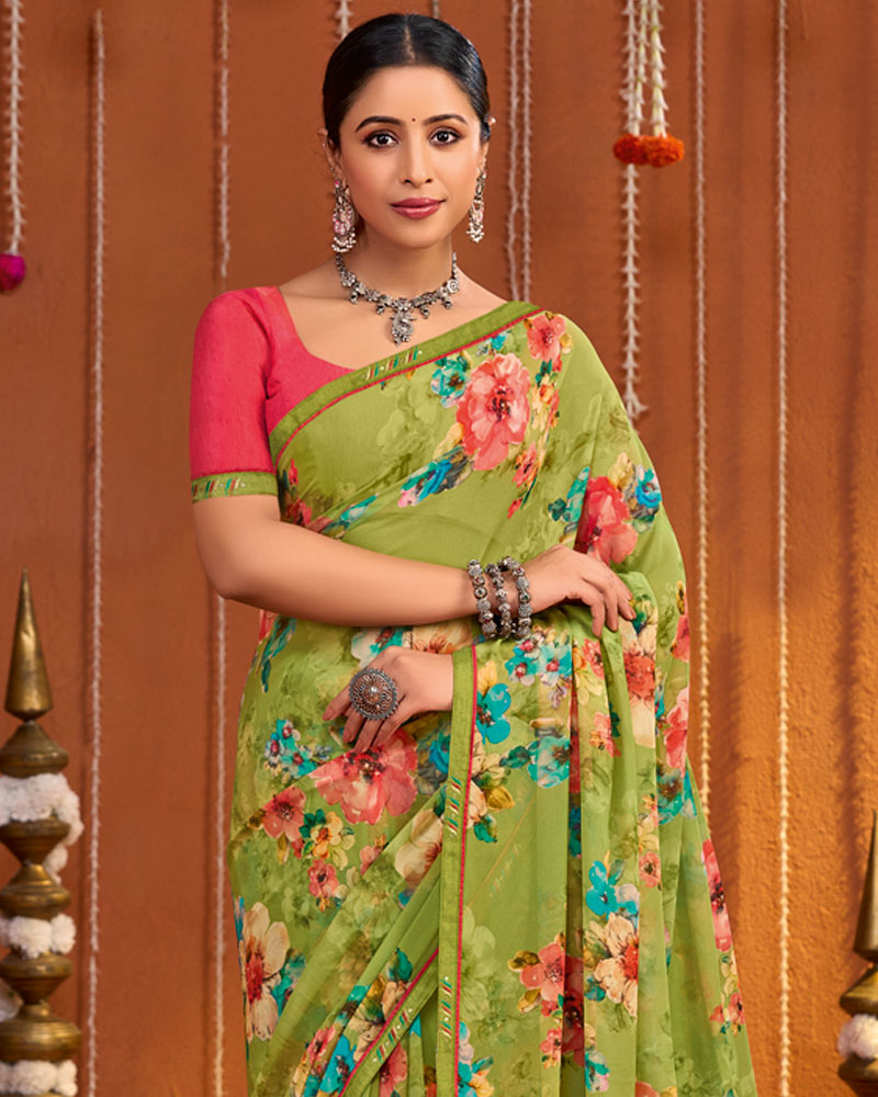 Vishal Prints Olive Green Digital Print Georgette Saree With Fancy Border