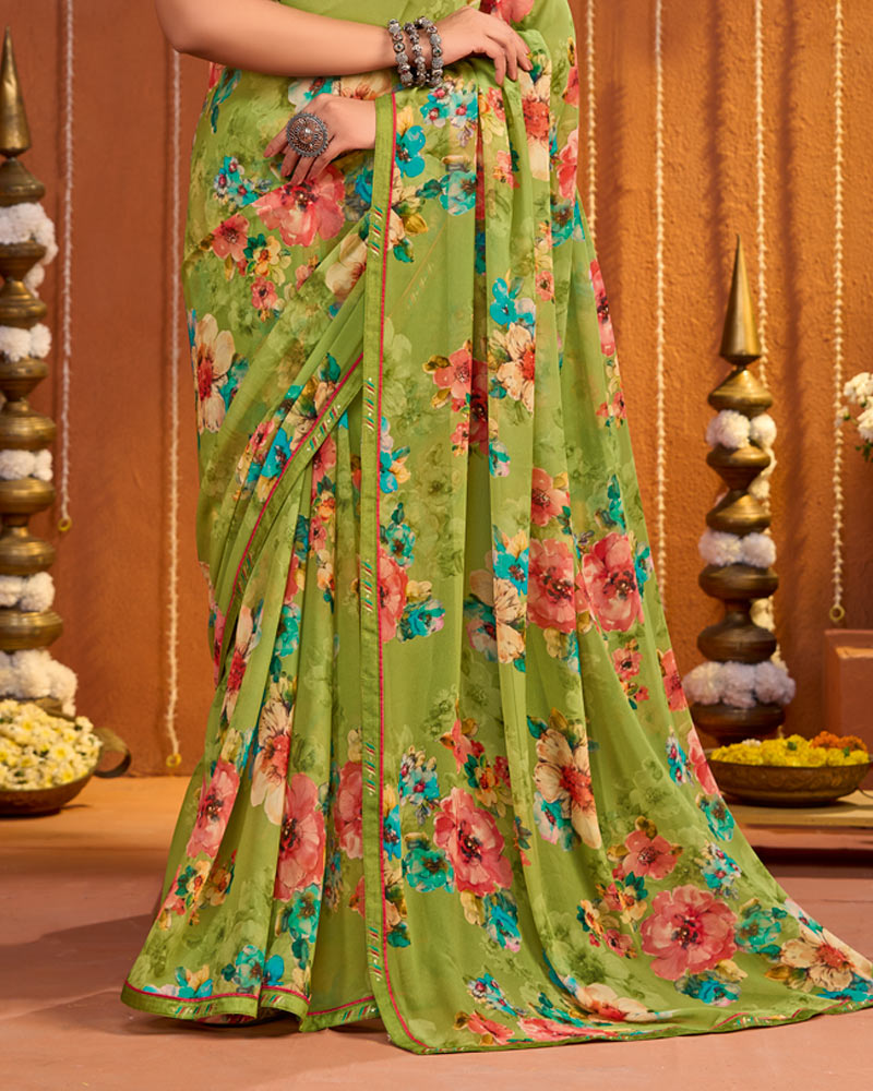Vishal Prints Olive Green Digital Print Georgette Saree With Fancy Border