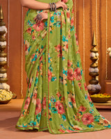 Vishal Prints Olive Green Digital Print Georgette Saree With Fancy Border