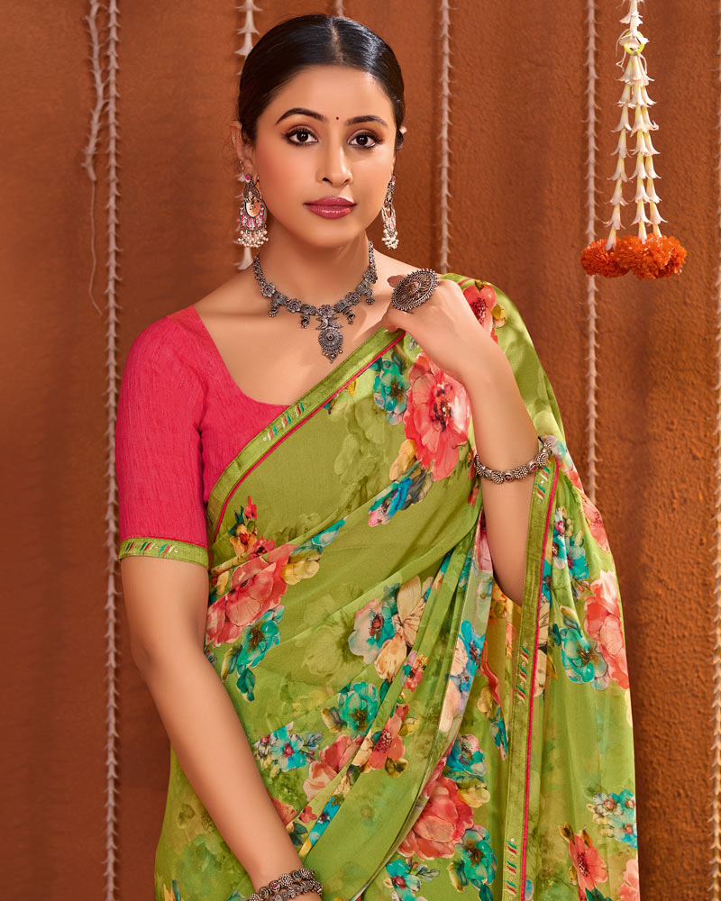 Vishal Prints Olive Green Digital Print Georgette Saree With Fancy Border