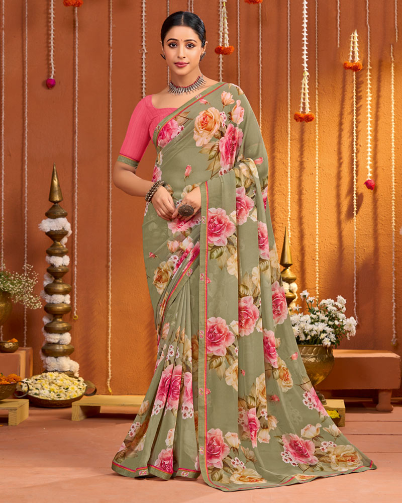 Vishal Prints Pale Brown Digital Print Georgette Saree With Fancy Border