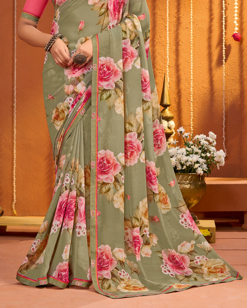 Vishal Prints Pale Brown Digital Print Georgette Saree With Fancy Border