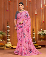 Vishal Prints Rose Pink Digital Print Georgette Saree With Fancy Border