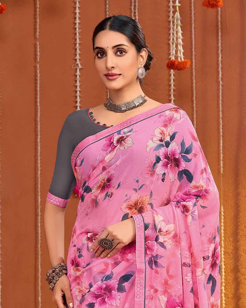 Vishal Prints Rose Pink Digital Print Georgette Saree With Fancy Border