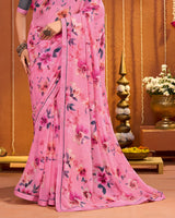 Vishal Prints Rose Pink Digital Print Georgette Saree With Fancy Border