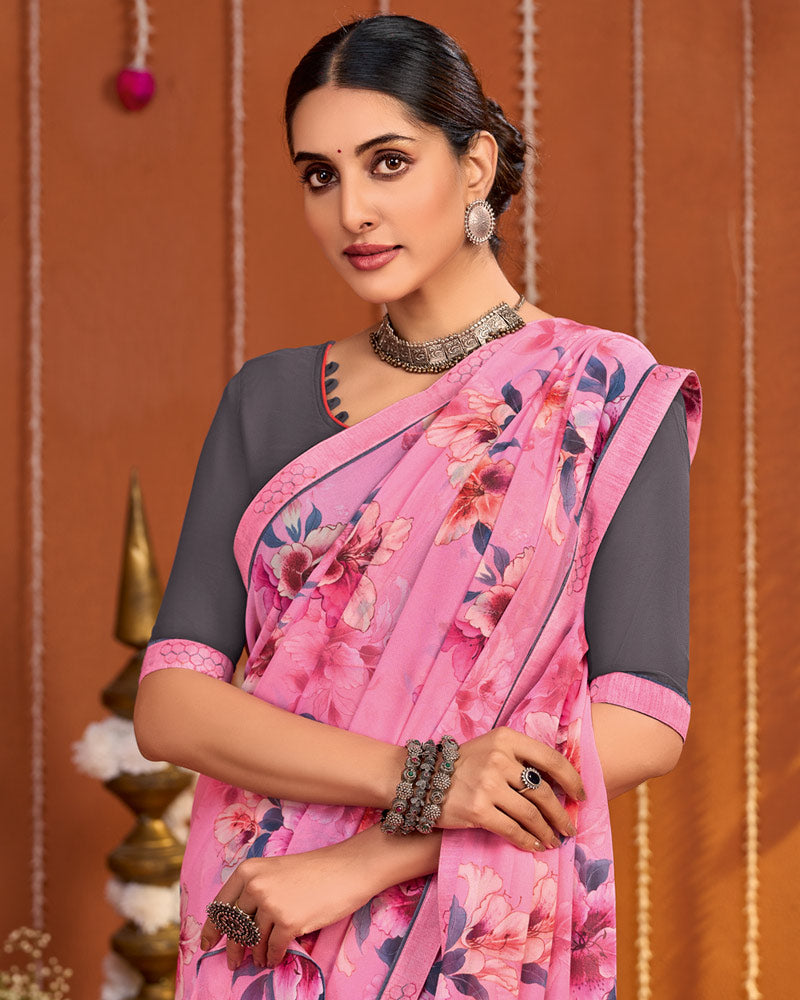 Vishal Prints Rose Pink Digital Print Georgette Saree With Fancy Border