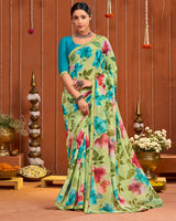 Vishal Prints Light Moss Green Digital Print Georgette Saree With Fancy Border