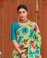 Vishal Prints Light Moss Green Digital Print Georgette Saree With Fancy Border