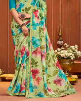 Vishal Prints Light Moss Green Digital Print Georgette Saree With Fancy Border