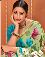 Vishal Prints Light Moss Green Digital Print Georgette Saree With Fancy Border