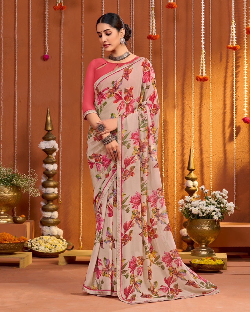 Vishal Prints Greyish Pink Digital Print Georgette Saree With Fancy Border