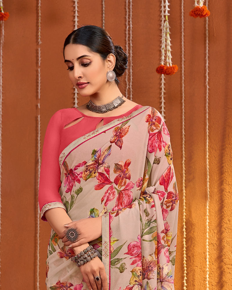 Vishal Prints Greyish Pink Digital Print Georgette Saree With Fancy Border