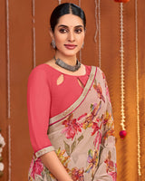 Vishal Prints Greyish Pink Digital Print Georgette Saree With Fancy Border
