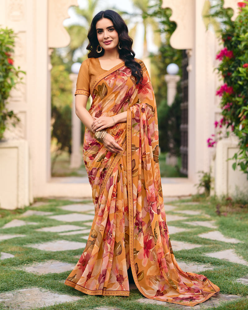 Vishal Prints Light Orange Digital Print Georgette Saree With Fancy Embroidery Border