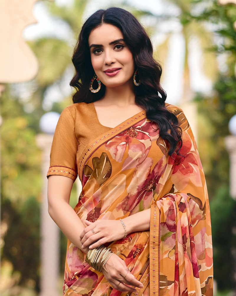 Vishal Prints Light Orange Digital Print Georgette Saree With Fancy Embroidery Border