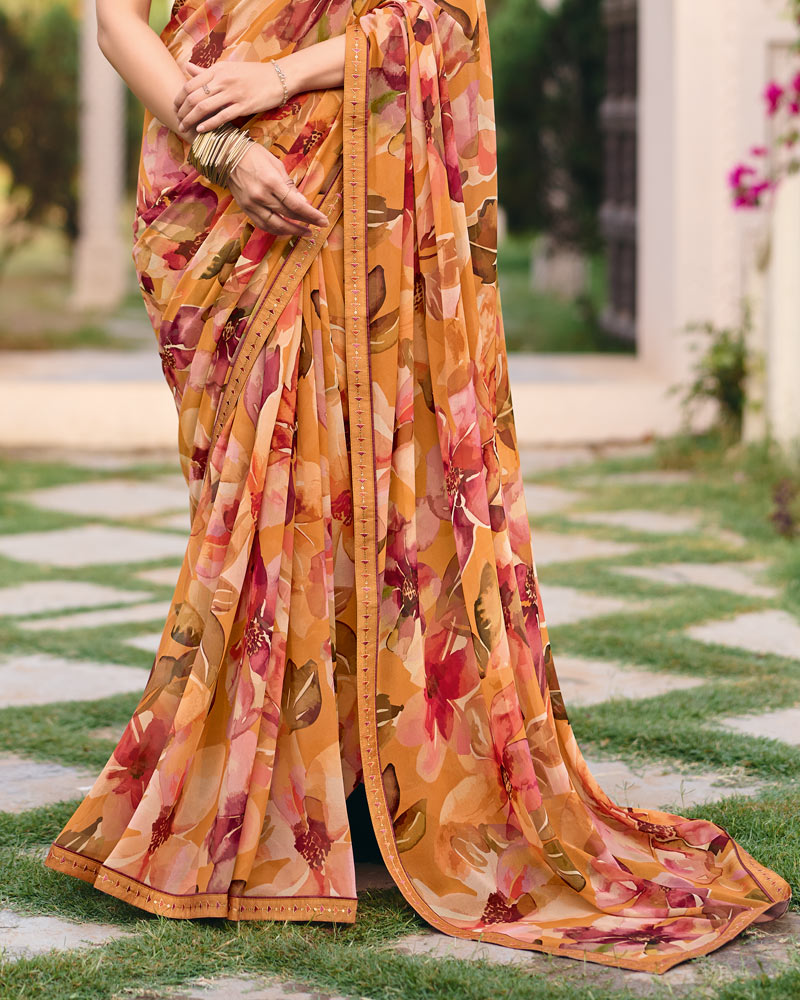 Vishal Prints Light Orange Digital Print Georgette Saree With Fancy Embroidery Border