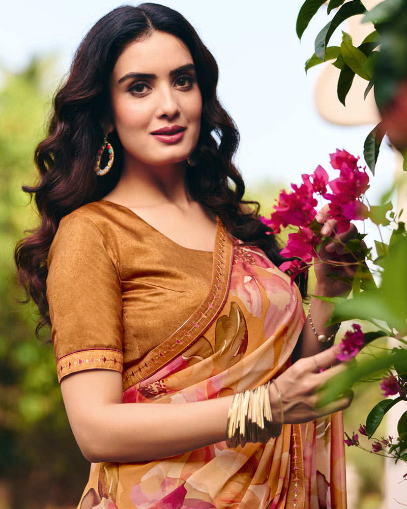 Vishal Prints Light Orange Digital Print Georgette Saree With Fancy Embroidery Border