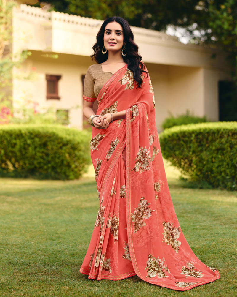 Vishal Prints Bright Orange Digital Print Georgette Saree With Fancy Embroidery Border