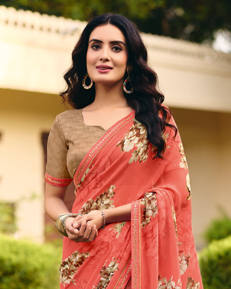 Vishal Prints Bright Orange Digital Print Georgette Saree With Fancy Embroidery Border