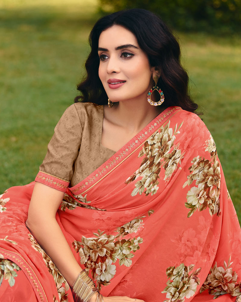 Vishal Prints Bright Orange Digital Print Georgette Saree With Fancy Embroidery Border