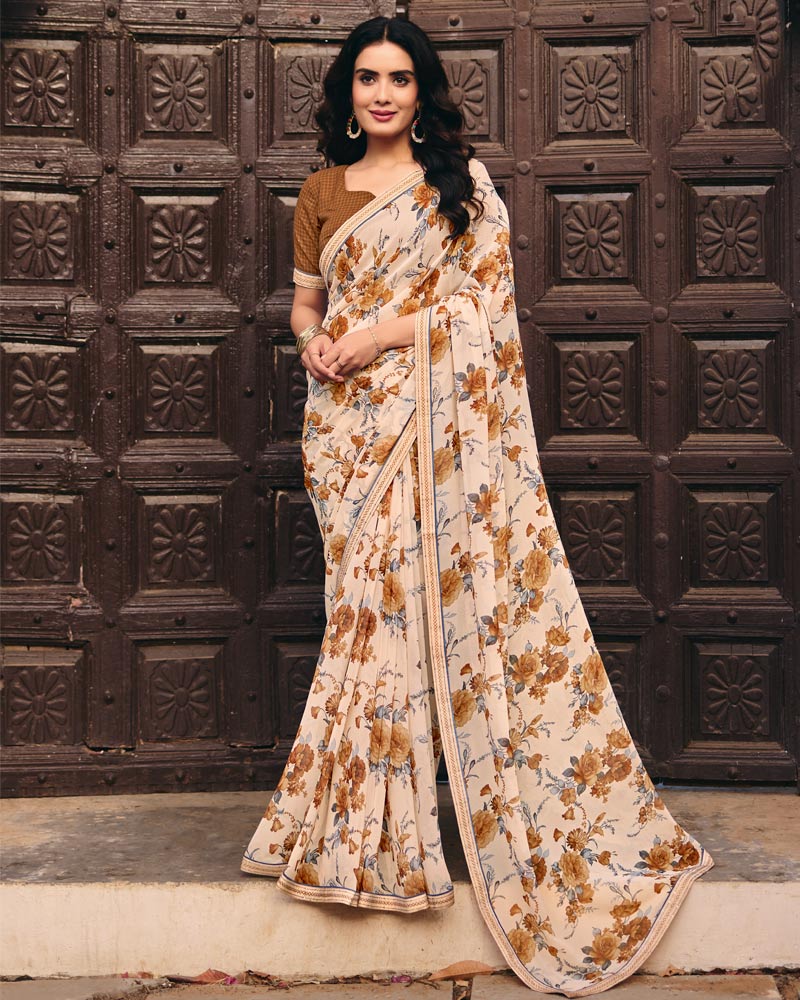 Vishal Prints Off White Digital Print Georgette Saree With Fancy Embroidery Border