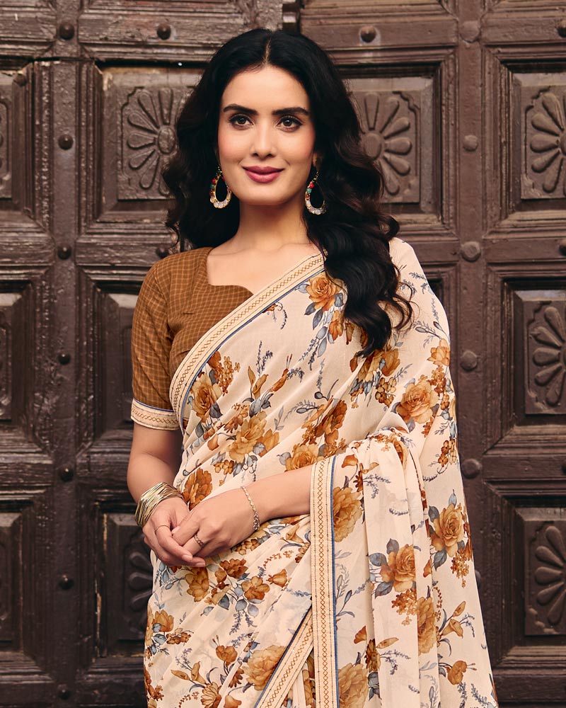 Vishal Prints Off White Digital Print Georgette Saree With Fancy Embroidery Border