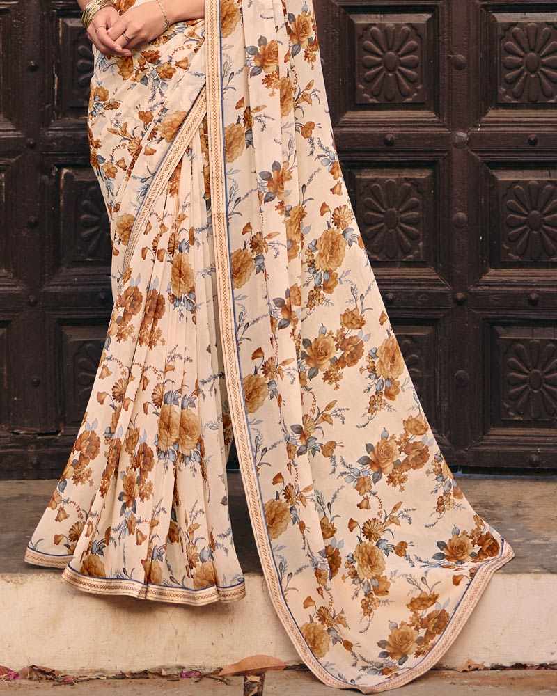Vishal Prints Off White Digital Print Georgette Saree With Fancy Embroidery Border