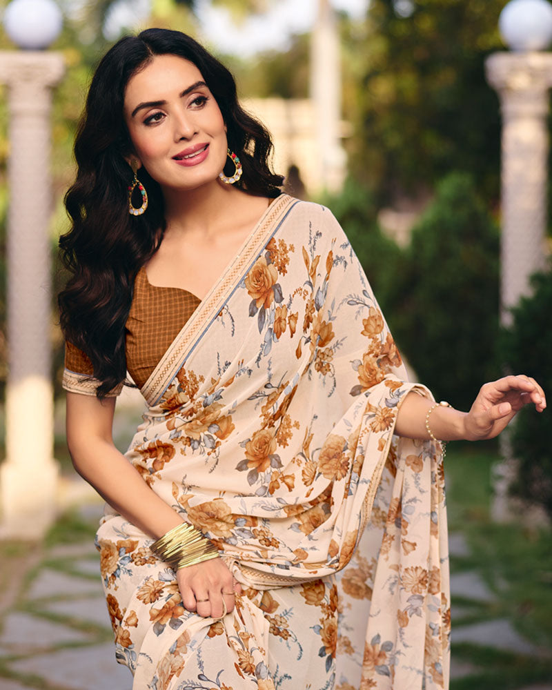Vishal Prints Off White Digital Print Georgette Saree With Fancy Embroidery Border