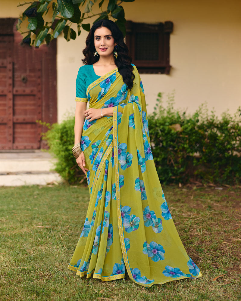 Vishal Prints Lime Green Digital Print Georgette Saree With Fancy Embroidery Border