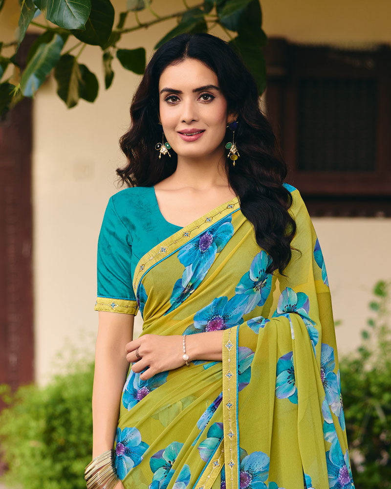 Vishal Prints Lime Green Digital Print Georgette Saree With Fancy Embroidery Border