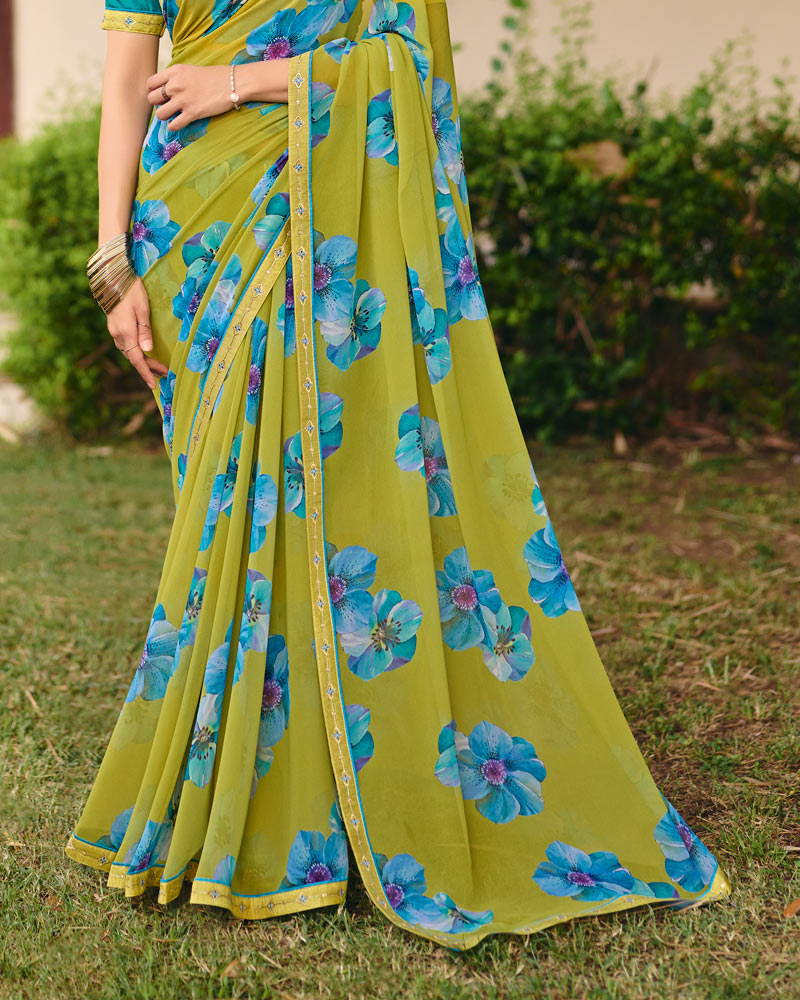 Vishal Prints Lime Green Digital Print Georgette Saree With Fancy Embroidery Border