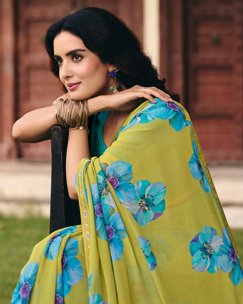 Vishal Prints Lime Green Digital Print Georgette Saree With Fancy Embroidery Border