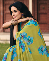 Vishal Prints Lime Green Digital Print Georgette Saree With Fancy Embroidery Border