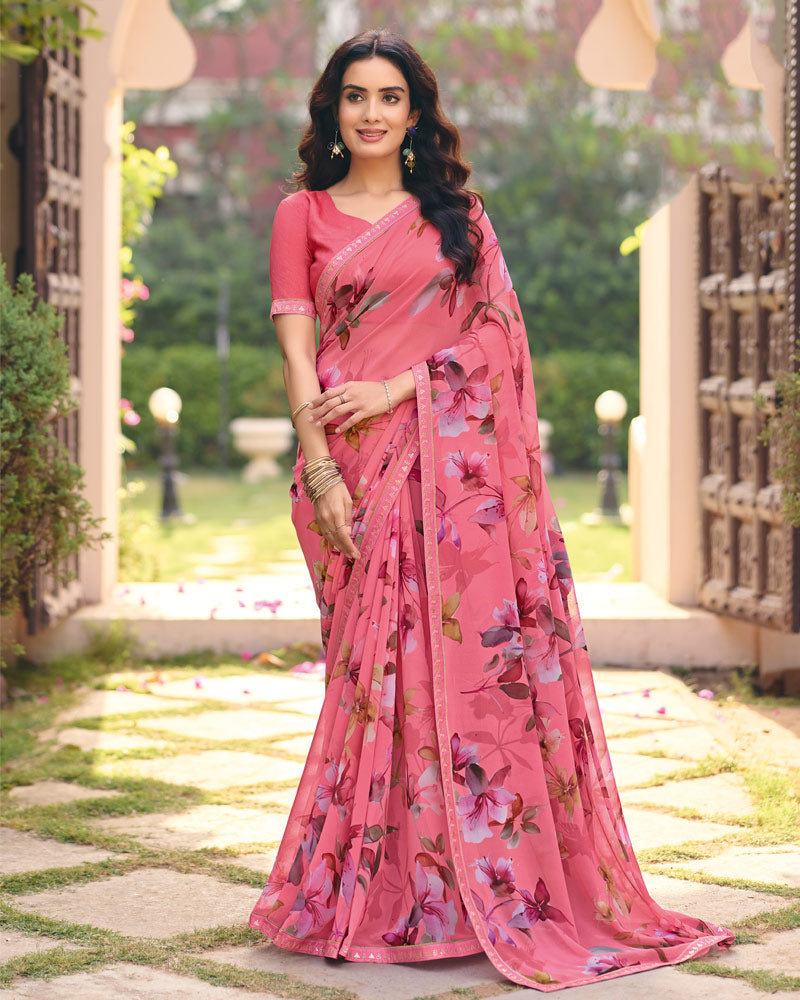 Vishal Prints Fuchsia Pink Digital Print Georgette Saree With Fancy Embroidery Border