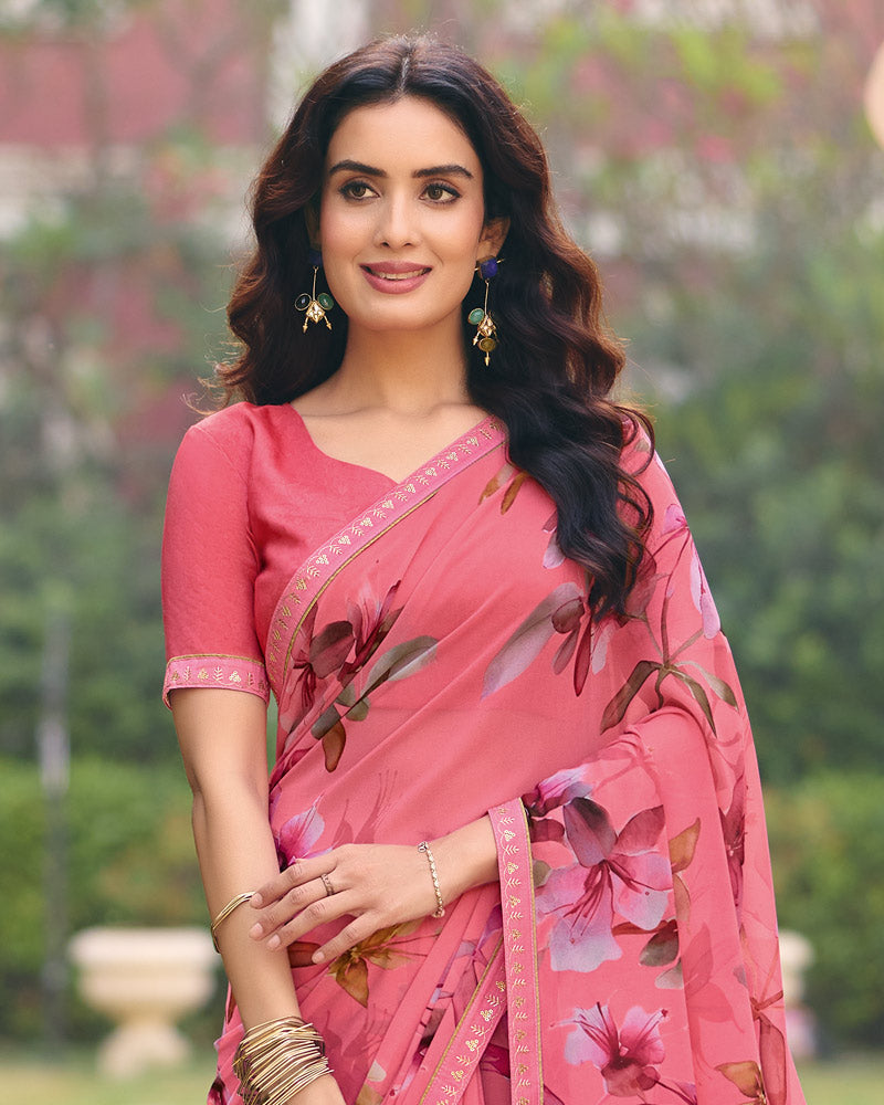 Vishal Prints Fuchsia Pink Digital Print Georgette Saree With Fancy Embroidery Border