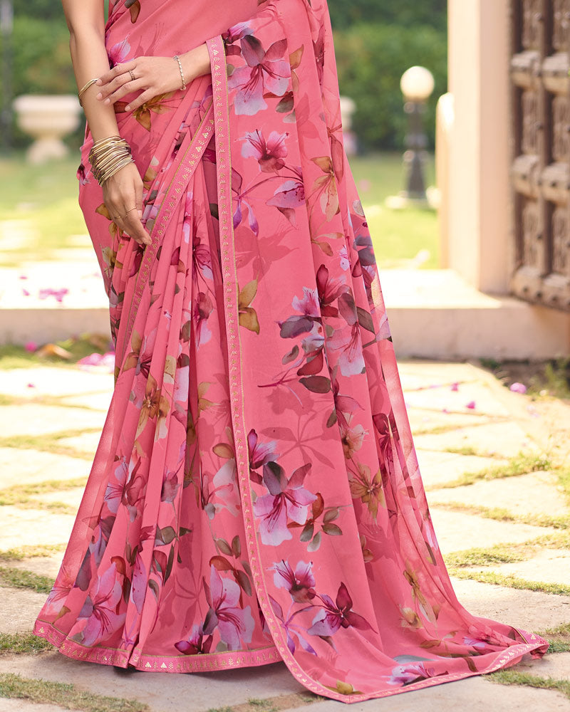 Vishal Prints Fuchsia Pink Digital Print Georgette Saree With Fancy Embroidery Border