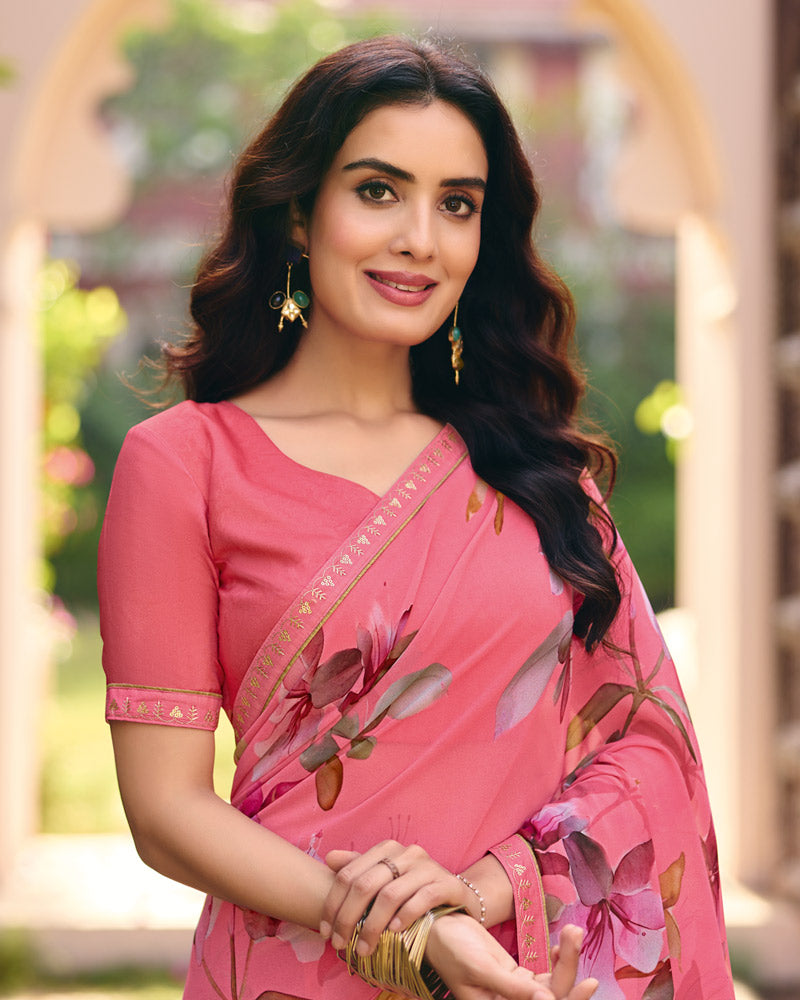 Vishal Prints Fuchsia Pink Digital Print Georgette Saree With Fancy Embroidery Border